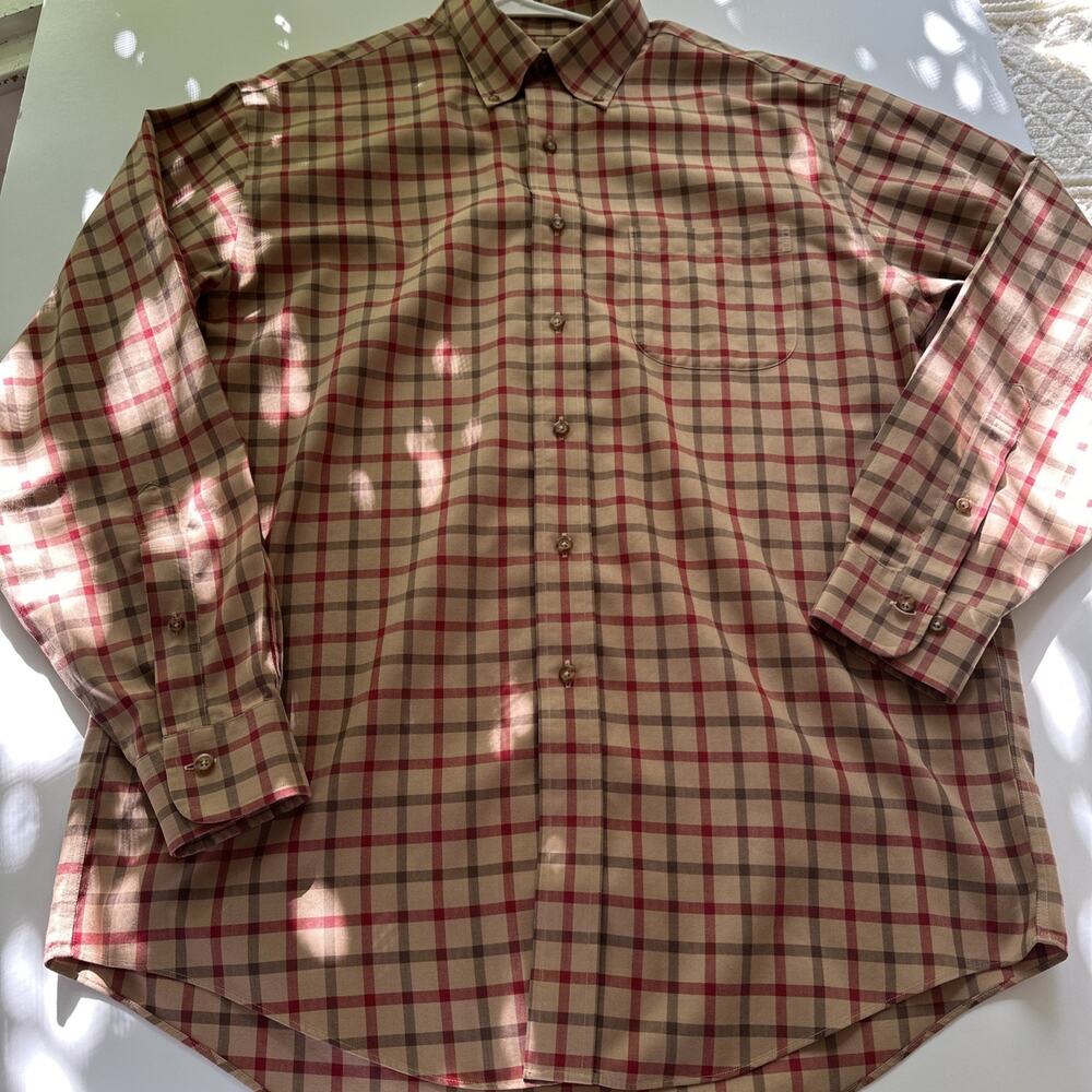 Brooks Brothers 346 Mens Medium Non-Iron Cotton Plaid Shirt Tan Red Soft